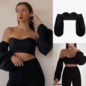 New Zara Womens Small Black Off the Shoulder Balloon Sleeve Cropped Bustier Top